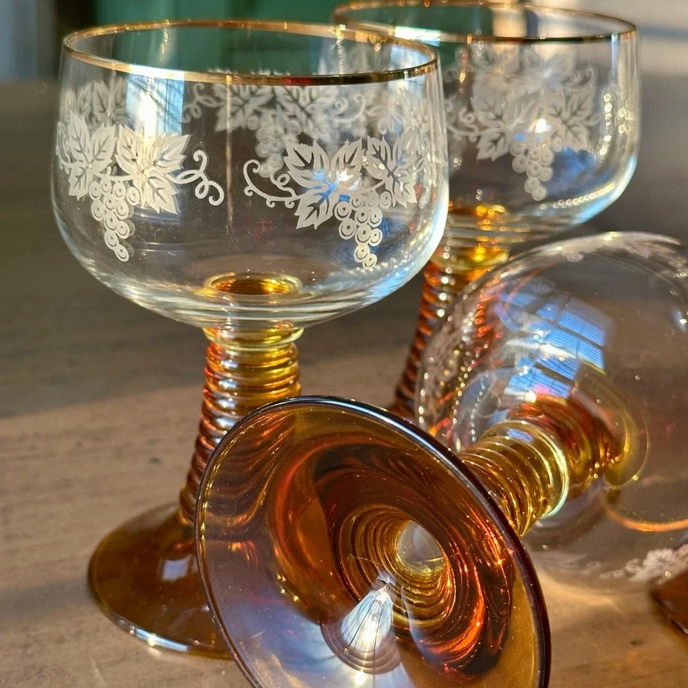 4 Vintage Etched Wine Goblets Amber Stems European Floral Glassware Set